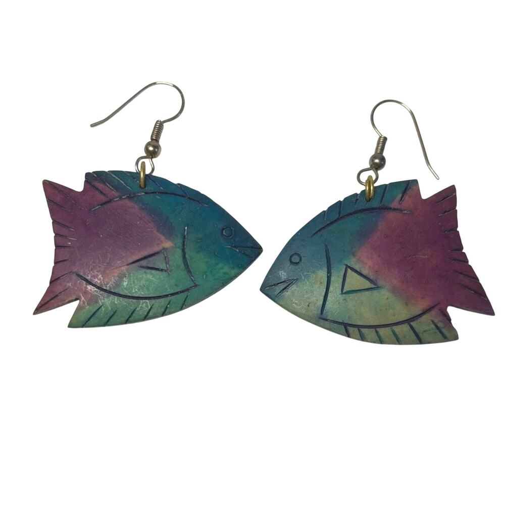 Vintage Rainbow Fish Earrings Colorful Tropical Statement Dangle Earrings